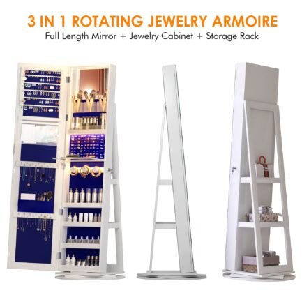 LVSOMT 360° Rotating LED Jewelry Armoire with Full Length Mirror, Jewelry Cabinet Large Standing Lockable Mirror Jewelry Organizer with Inner Makeup Mirror & Soft Velvet for Living Room Bedroom - Image 2