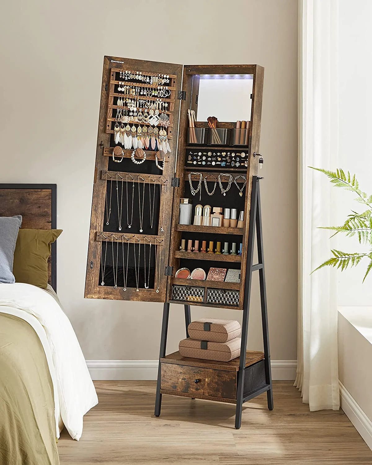 SONGMICS LED Jewelry Cabinet Standing Lockable Jewelry Armoire with Full-Length Mirror Space-Saving Jewelry Organizer Box with Mirror Bottom Drawer and Shelf Gift Idea Rustic Brown - Image 2