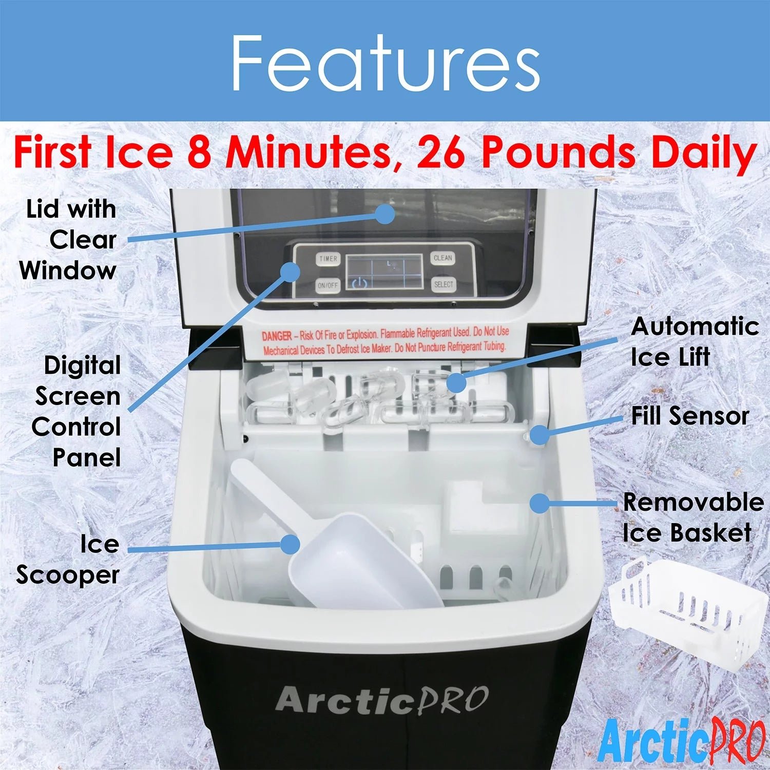 PORTABLE DIGITAL ICE MAKER MACHINE by Arctic-Pro with Ice Scoop, First Ice in 6-8 Minutes, 26 Pounds Daily, Great for Kitchens, Tailgating, Bars, Party, Small/Large Cubes, Black, 11.5×8.7×12.5 Inches
