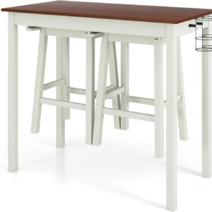 3-Piece Bar Table Set – Counter Height Pub Table w/ 2 Stools, 2 Wine Holders, Rubber Wooden Legs, Space-Saving Dinette Table Set for Bar, Kitchen, Living Room, Cream White & Walnut