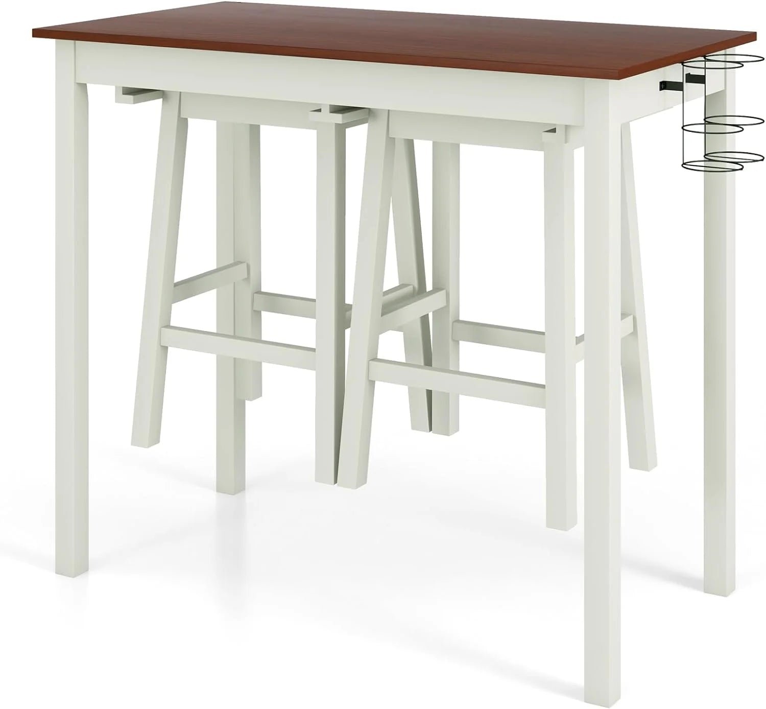 3-Piece Bar Table Set – Counter Height Pub Table w/ 2 Stools, 2 Wine Holders, Rubber Wooden Legs, Space-Saving Dinette Table Set for Bar, Kitchen, Living Room, Cream White & Walnut