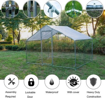 Phonjoroo Large Walk-in Metal Chicken Coop Poultry Cage Hen House Chicken House for Farm Up to 12 Chickens 10’ L x 6.6’ W x 6.6’ H w/Chicken Run Cover for Farm Home use (79.2” H x 79.2” W x 120” D) - Image 4