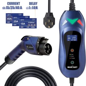 MUSTART Level 2 Portable EV Charger (240 Volt, 25ft Cable, 15/25/40 Amp Adjustable) Electric Vehicle Charger Plug-in EV Charging Station with Delay Function (NEMA 14-50P)