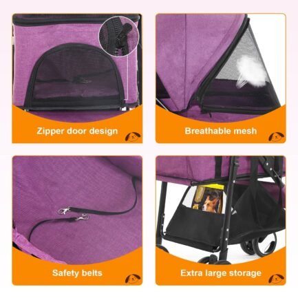 NiamVelo Pet Stroller 3-in-1 Detachable Dog Stroller with 4 Wheels Foldable Dog Travel Cart Cat Walker for Doggy Rabbit, Purple - Image 3