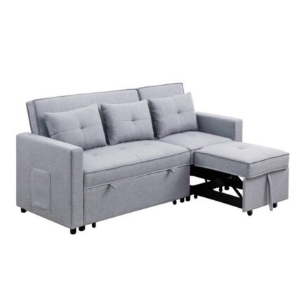 Benjara BM286632 80 in. Jayce Wood Convertible Sleeper Sofa with Side Pocket, Light Gray & Black - Image 4