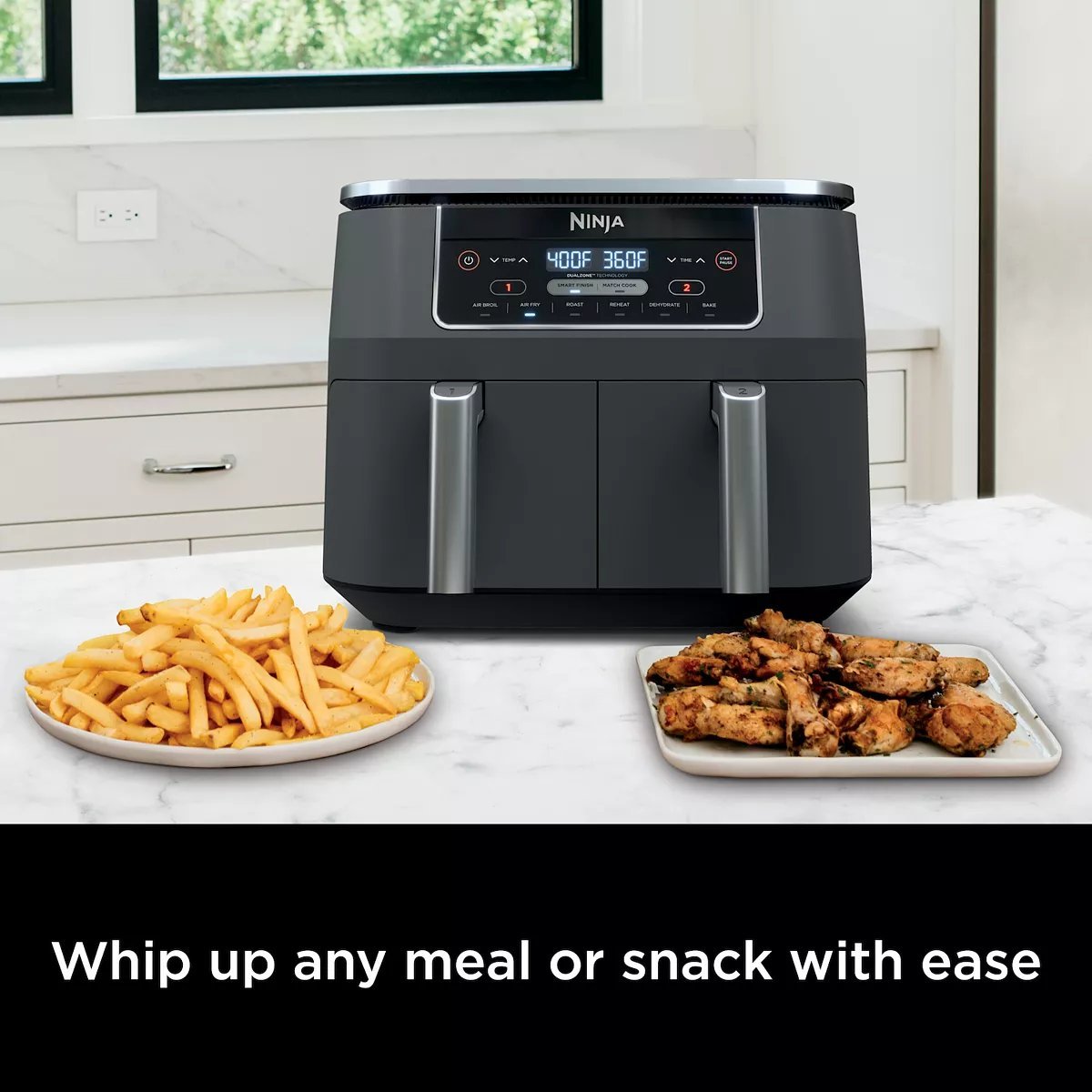 2 INDEPENDENT BASKETS: The original Air Fryer with 2 independent baskets, the XL air fryer lets you cook 2 foods, 2 ways, at the same time, eliminating back-to-back cooking like a traditional single-basket air fryer. SMART FINISH & MATCH COOK: DualZone Technology allows you to choose between the Smart Finish feature, which unlocks cooking 2 foods 2 ways that finish at the same time, and the and a Match Cook button to easily copy settings across zones for full 8-qt capacity. 6-IN-1 FUNCTIONALITY: Includes 6 versatile cooking programs: Air Fry, Air Broil, Roast, Bake, Reheat, and Dehydrate. The baskets can be washed in the dishwasher or by hand. XL CAPACITY: The 8-quart air fryer capacity lets you fit mains and sides at the same time for making quick family meals, or up to 4 lbs. of French fries or chicken wings. SEPARATE HEATING ZONES: 2 independent 4-quart zones have their own cooking baskets, cyclonic fans, and rapid heaters. EASY CLEANING: Easy-to-clean baskets and dishwasher-safe crisper plates. LESS FAT: Up to 75% less fat than traditional air frying methods. Tested against hand-cut, deep-fried French fries.