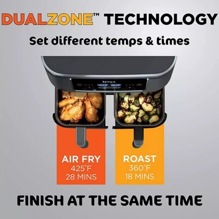 2 INDEPENDENT BASKETS: The original Air Fryer with 2 independent baskets, the XL air fryer lets you cook 2 foods, 2 ways, at the same time, eliminating back-to-back cooking like a traditional single-basket air fryer. SMART FINISH & MATCH COOK: DualZone Technology allows you to choose between the Smart Finish feature, which unlocks cooking 2 foods 2 ways that finish at the same time, and the and a Match Cook button to easily copy settings across zones for full 8-qt capacity. 6-IN-1 FUNCTIONALITY: Includes 6 versatile cooking programs: Air Fry, Air Broil, Roast, Bake, Reheat, and Dehydrate. The baskets can be washed in the dishwasher or by hand. XL CAPACITY: The 8-quart air fryer capacity lets you fit mains and sides at the same time for making quick family meals, or up to 4 lbs. of French fries or chicken wings. SEPARATE HEATING ZONES: 2 independent 4-quart zones have their own cooking baskets, cyclonic fans, and rapid heaters. EASY CLEANING: Easy-to-clean baskets and dishwasher-safe crisper plates. LESS FAT: Up to 75% less fat than traditional air frying methods. Tested against hand-cut, deep-fried French fries. - Image 4