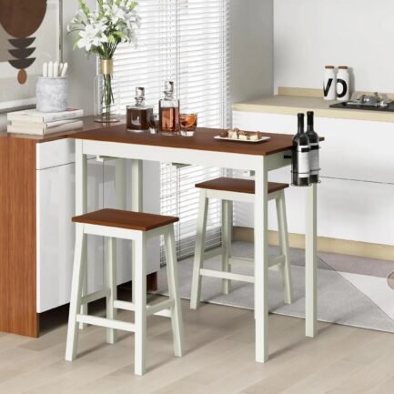 3-Piece Bar Table Set – Counter Height Pub Table w/ 2 Stools, 2 Wine Holders, Rubber Wooden Legs, Space-Saving Dinette Table Set for Bar, Kitchen, Living Room, Cream White & Walnut - Image 3