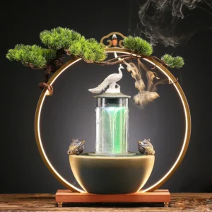 Lucky Pheasant Round LED Incense Burner with Flowing Water Fountain – Decorative Backflow Incense Holder & Feng Shui Ornament