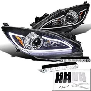 Mazda 3 JDM Black LED Projector Headlights with DRL Strip & 6-LED Fog Light DRL – Performance Upgrade Headlamp Assembly