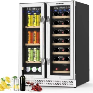 Yolsali 24 Inch Wine Cooler, Beverage Refrigerator, Dual Zone Wine Cooler Refrigerator with 2 Safety Locks, Adjustable Legs, Soft LED Light, Hold 20 Bottles and 57 Cans, Built-In or Freestanding