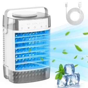 Homester Portable Air Cooler – Evaporative Air Conditioner Fan (1000ml Tank, LED Light, 3-Speed, White)