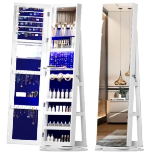 LVSOMT 360° Rotating LED Jewelry Armoire – Lockable Full-Length Mirror Jewelry Cabinet with Inner Makeup Mirror & Velvet Lining