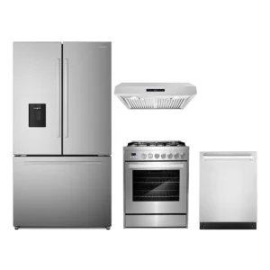 4 Piece Kitchen Package with 30″ Freestanding Gas Range 30″ Under Cabinet Range Hood 24″ Built-in Fully Integrated Dishwasher 36″ French Door Refrigerator