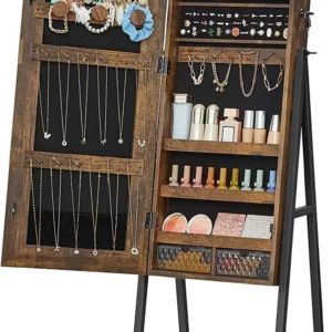 SONGMICS LED Jewelry Cabinet Standing Lockable Jewelry Armoire with Full-Length Mirror Space-Saving Jewelry Organizer Box with Mirror Bottom Drawer and Shelf Gift Idea Rustic Brown