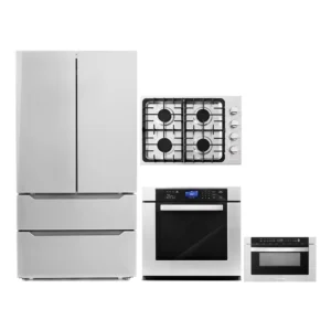 4 Piece Kitchen Package 30″ Gas Cooktop 30″ Single Electric Wall Oven 24″ Built-In Microwave Drawer & Energy Star French Door Refrigerator