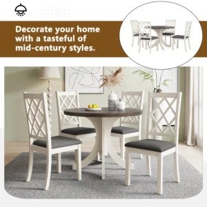 Llinc Store Mid-Century 5-Piece Round Dining Table Set for 4 – Solid Wood Kitchen Table with Upholstered Gray Chairs (Brown Table)