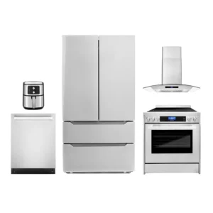 5 Piece Kitchen Package with 30″ Freestanding Electric Range 30″ Wall Mount Range Hood 24″ Built-in Fully Integrated Dishwasher French Door Refrigerator & 5.5L Electric Hot Air Fryer