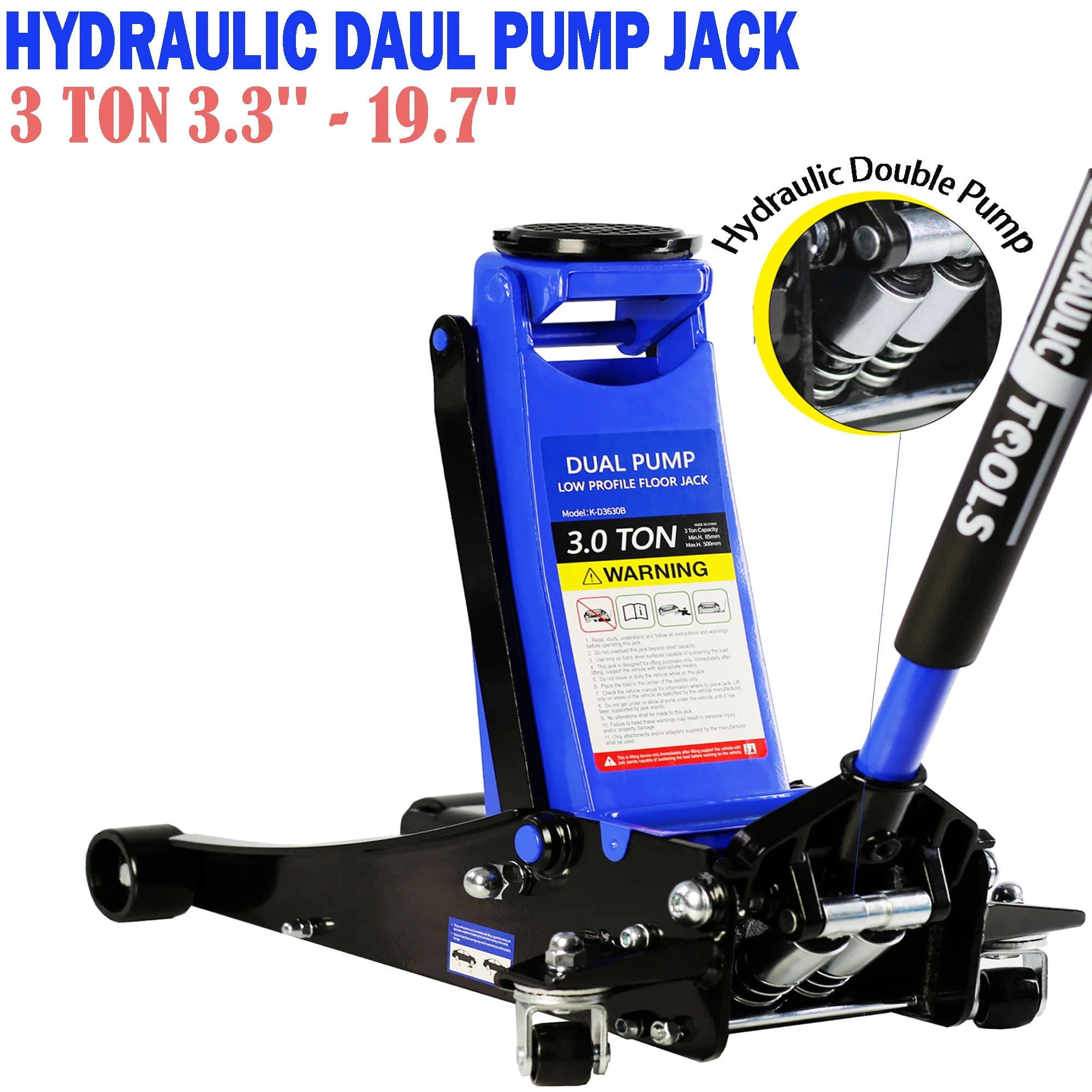 Seizeen Low Profile Floor Jack, 3 Ton(6600 lbs) Trolley Jack Dual Lift Pump, Quick Lift 3.3”-19.7”, Heavy-Duty Steel Jack with 52”L Extended Handle, Car Jack w/Wheels, Rubber Saddle