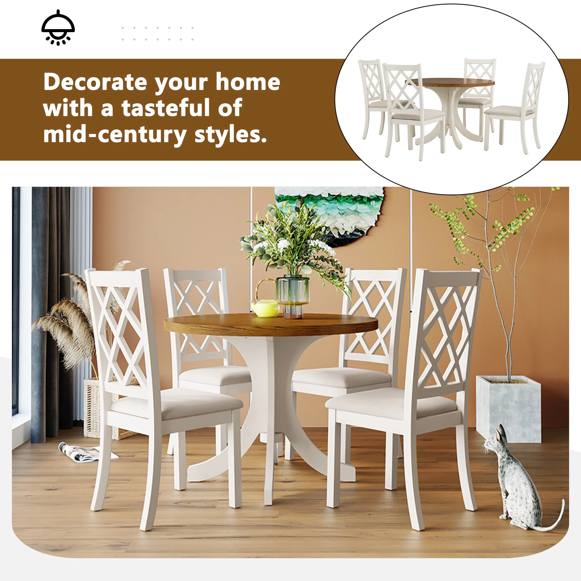Llinc Store Mid-Century 5-Piece Round Dining Table Set for 4 – Solid Wood Kitchen Table with Upholstered Beige Chairs (Walnut Table Finish)