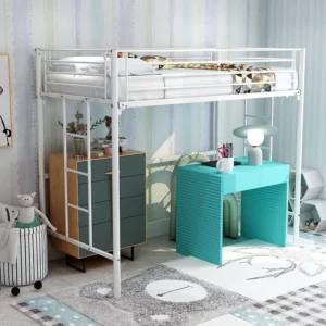 Metal Twin Loft Bed for Kids with Ladder & Safety Guard Rails – Space-Saving Heavy-Duty Steel Frame, No Box Spring Needed, White