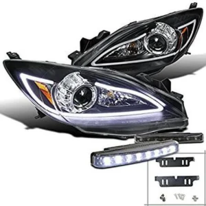 Mazda 3 JDM Black LED Projector Headlights with DRL Strip + 8-LED Fog DRL – Custom Performance Headlight Assembly Upgrade