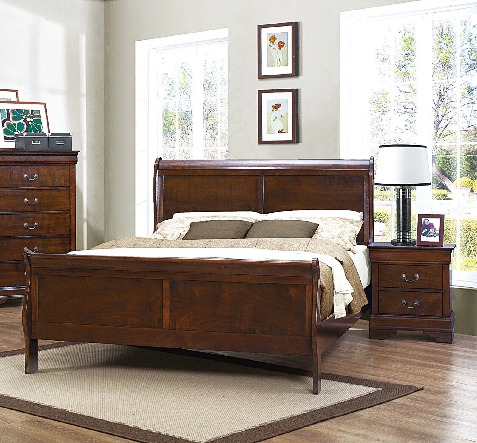 Louis Philippe Style 3-Piece Bedroom Set – Queen Size Bed with 2 Nightstands, Classic Brown Cherry Finish Furniture Set