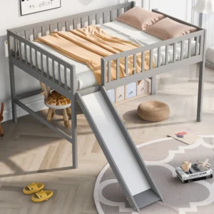 Gray Full Size Low Loft Bed with Fun Ladder and Slide – Kids’ Bedroom Furniture