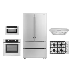 5 Piece Kitchen Package With 36″ Gas Cooktop 30″ Under Cabinet Range Hood 24″ Single Electric Wall Oven 24″ Built-In Microwave Drawer & French Door Refrigerator
