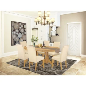 HomeStock Asian Allure 7-Piece Oval Dining Room Set – Table with Linen Beige Parson Chairs (Oak Legs)