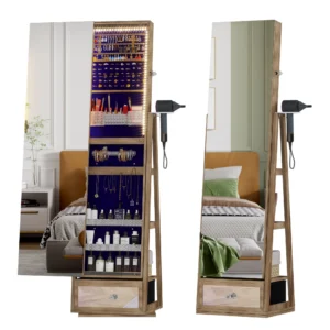 LVSOMT 360° Swivel Jewelry Cabinet with LED Lights – Lockable Standing Jewelry Armoire with Full-Length Mirror & Storage, Brown