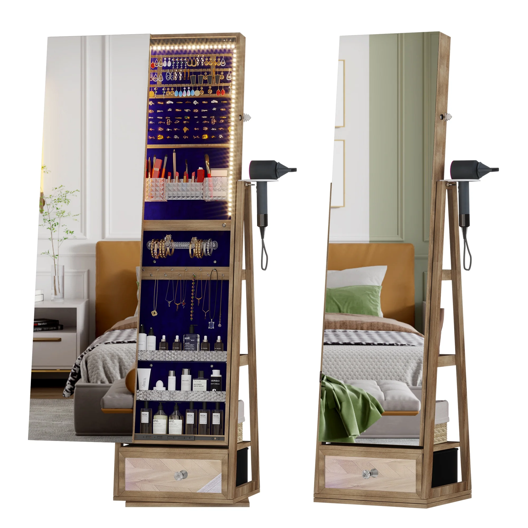 LVSOMT 360° Swivel Jewelry Cabinet with LED Lights – Lockable Standing Jewelry Armoire with Full-Length Mirror & Storage, Brown