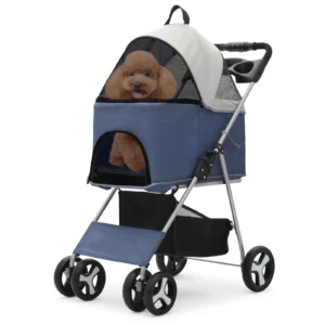 Magshion Foldable 4-Wheel Pet Stroller with Cup Holder, Lightweight Dog & Cat Stroller for Small & Medium Pets, Navy Blue