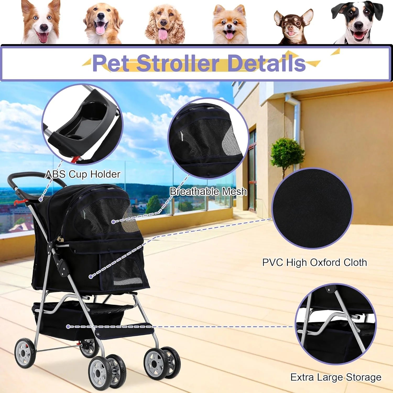 Dog Stroller Folding Pet Stroller 4 Wheels Cat Stroller Foldable Stroller Waterproof Travel Carrier Strolling Cart for Puppy Jogger Stroller W/Cup Holder & Storage Basket, Black - Image 3