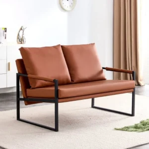 GVJMTKP Modern Two-Seater Sofa Chair with 2 Pillows – PU Leather High-Density Foam Black Coated Metal Frame.BrownSF-D008-BR