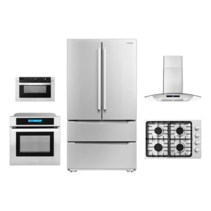 5 Piece Kitchen Package With 30″ Gas Cooktop 30″ Wall Mount Range Hood 24″ Single Electric Wall Oven 24″ Built-In Microwave Drawer & French Door Refrigerator
