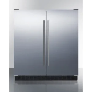 30″ wide undercounter frost-free side-by-side refrigerator-freezer in stainless steel with locks, stainless steel handles, and digital controls