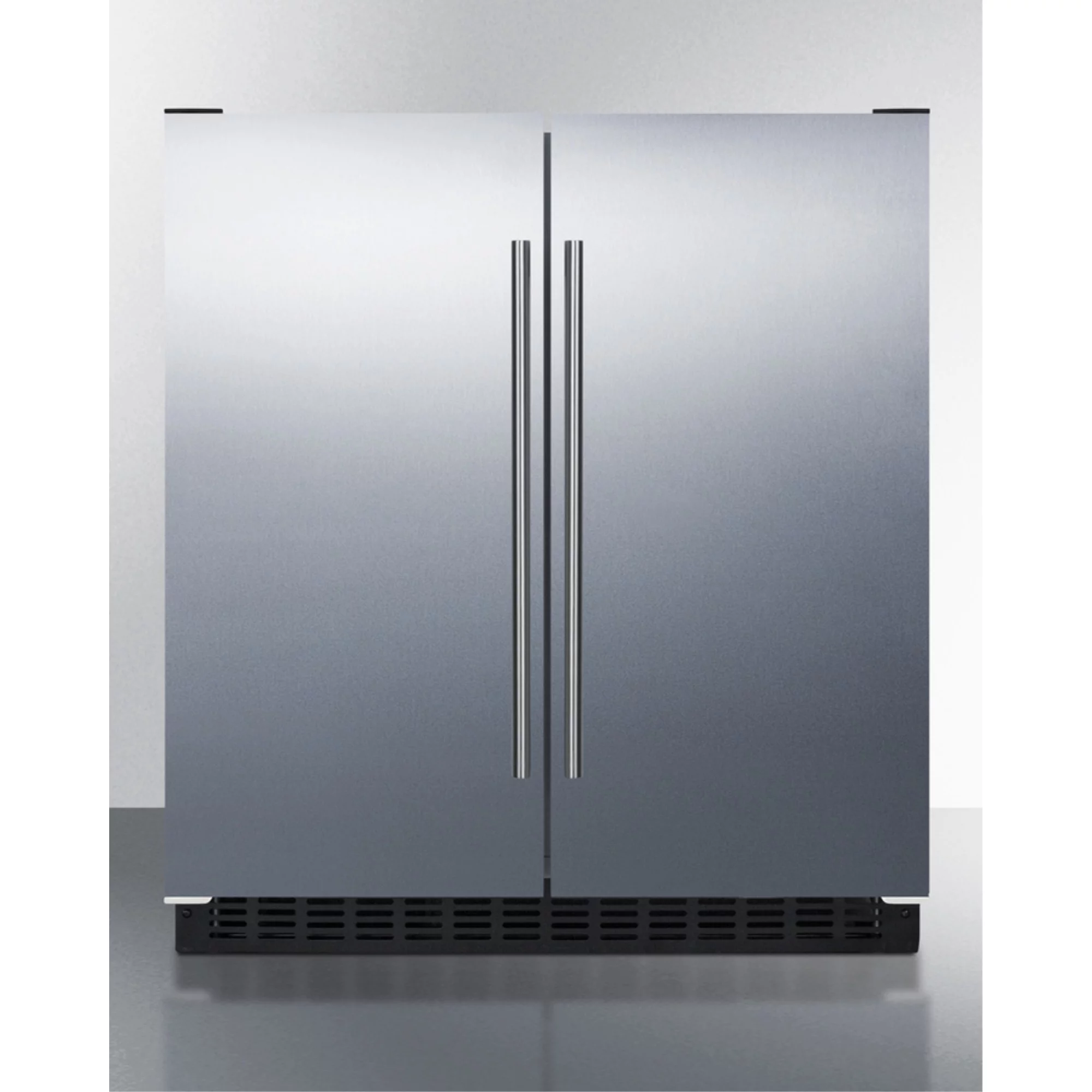 30″ wide undercounter frost-free side-by-side refrigerator-freezer in stainless steel with locks, stainless steel handles, and digital controls
