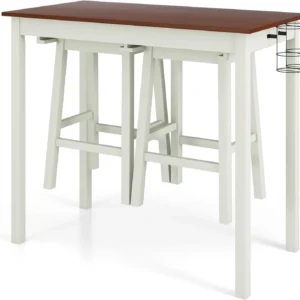 3-Piece Bar Table Set – Counter Height Pub Table w/ 2 Stools, 2 Wine Holders, Rubber Wooden Legs, Space-Saving Dinette Table Set for Bar, Kitchen, Living Room, Cream White & Walnut
