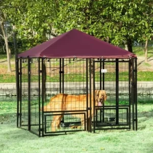 5′ x 5′ x 5′ Dog Kennel Outdoor with Rotating Bowl Holders, Walk-in Pet Playpen, Welded Wire Steel Dog Fence with Water-and UV-Resistant Canopy, Black and Red