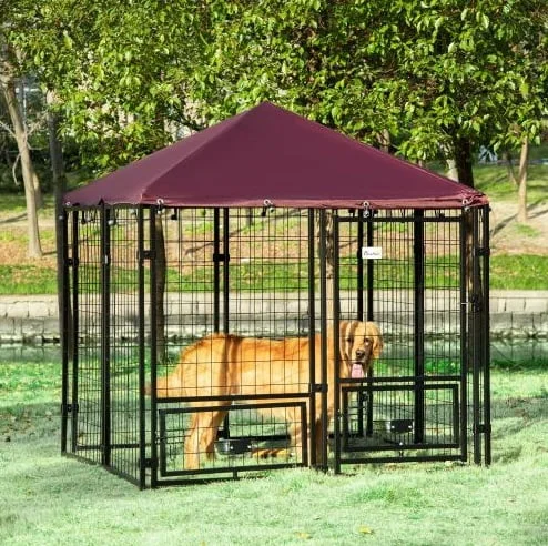 5′ x 5′ x 5′ Dog Kennel Outdoor with Rotating Bowl Holders, Walk-in Pet Playpen, Welded Wire Steel Dog Fence with Water-and UV-Resistant Canopy, Black and Red