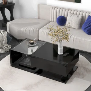 JQCX Modern Coffee Table with Tempered Glass & High-Gloss UV Finish – 2-Tier Rectangle Center Table for Living Room