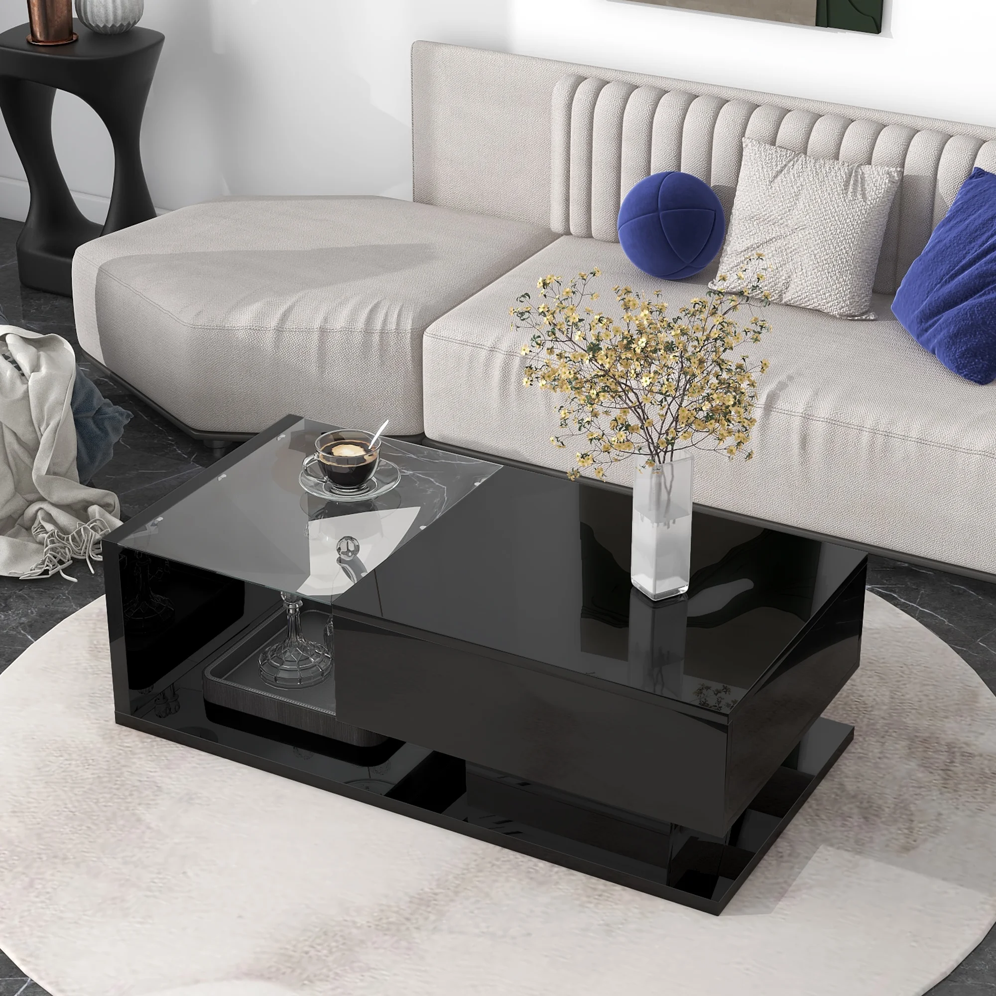JQCX Modern Coffee Table with Tempered Glass & High-Gloss UV Finish – 2-Tier Rectangle Center Table for Living Room