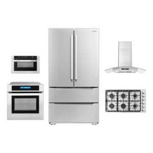 5 Piece Kitchen Package With 36″ Gas Cooktop 36″ Wall Mount Range Hood 30″ Single Electric Wall Oven 24″ Built-In Microwave Drawer & French Door Refrigerator