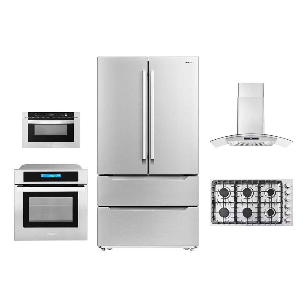 5 Piece Kitchen Package With 36″ Gas Cooktop 36″ Wall Mount Range Hood 30″ Single Electric Wall Oven 24″ Built-In Microwave Drawer & French Door Refrigerator