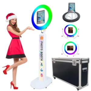 Upgraded White iPad Photo Booth for iPad 10.2” 10.9” 11” 12.9” Selfie Photo booth Station Machine with RGB Ring Light,Free Custom Logo with Flight Case for Parties Christmas,Wedding Events Rental