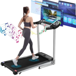 Tikmboex 3.25HP Folding Treadmill with 10″ HD TV Movie Touchscreen, Incline Running Machine Easy to Install for Family Office Use, Silver
