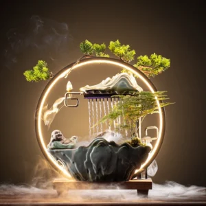 Waterfall Incense Burner with LED Lamp and Circulating Water Fountain Ornament