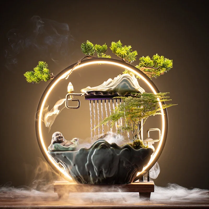 Waterfall Incense Burner with LED Lamp and Circulating Water Fountain Ornament