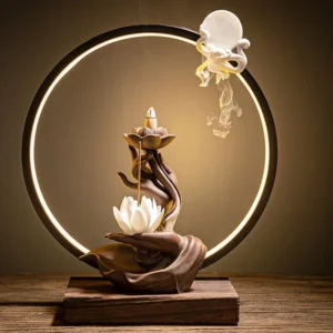 Ceramic Backflow Incense Burner Holder with LED Lamp, Lotus Ring Design, Porch Decoration